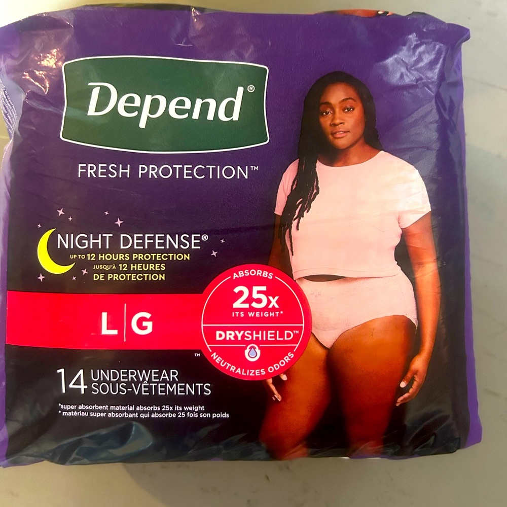 DEPEND’s night defense flex fit women’s adult incontinence disposable underwear.